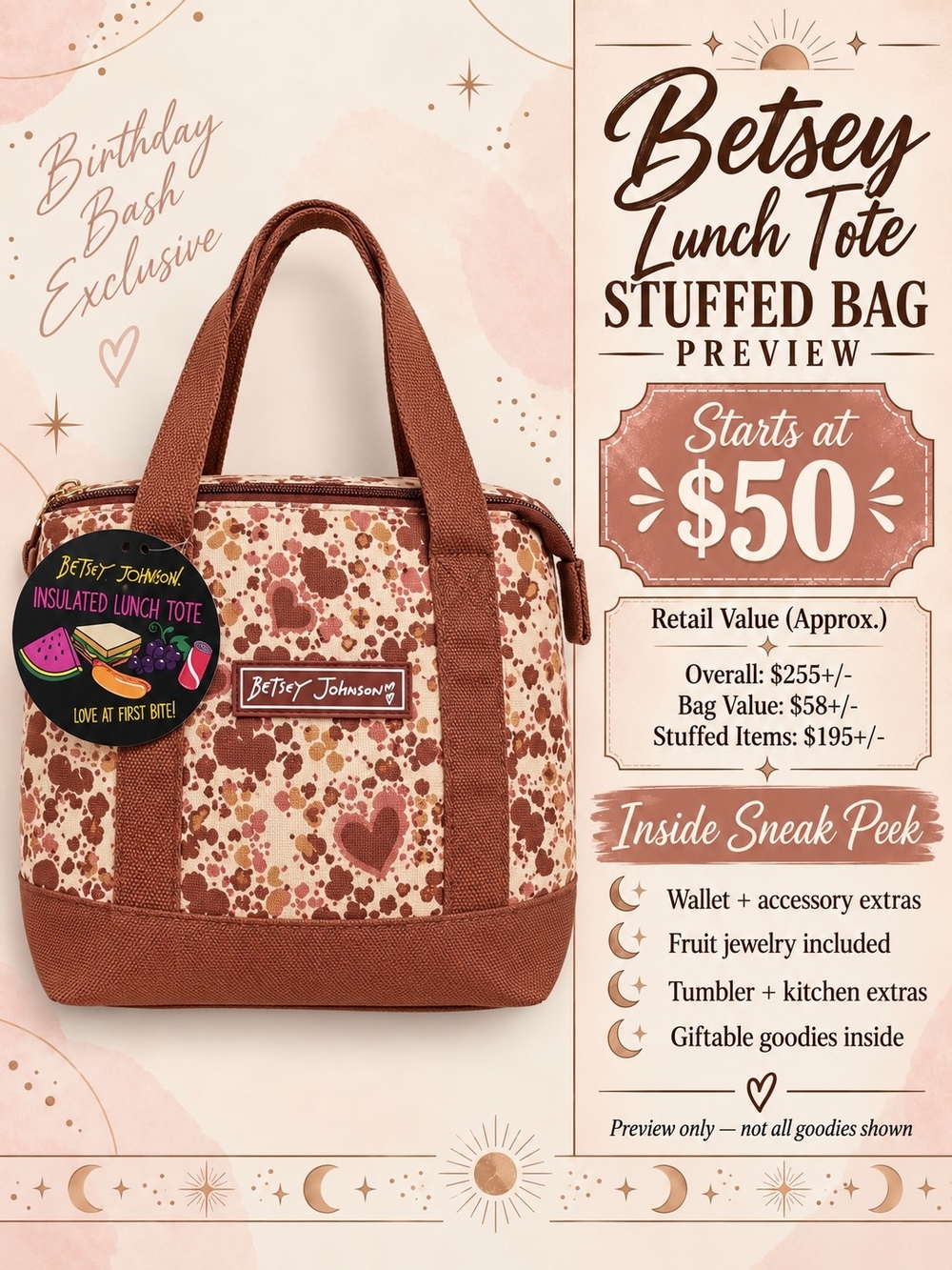 Betsey Johnson Lunch Tote Stuffed Bag - Birthday Bash Exclusive